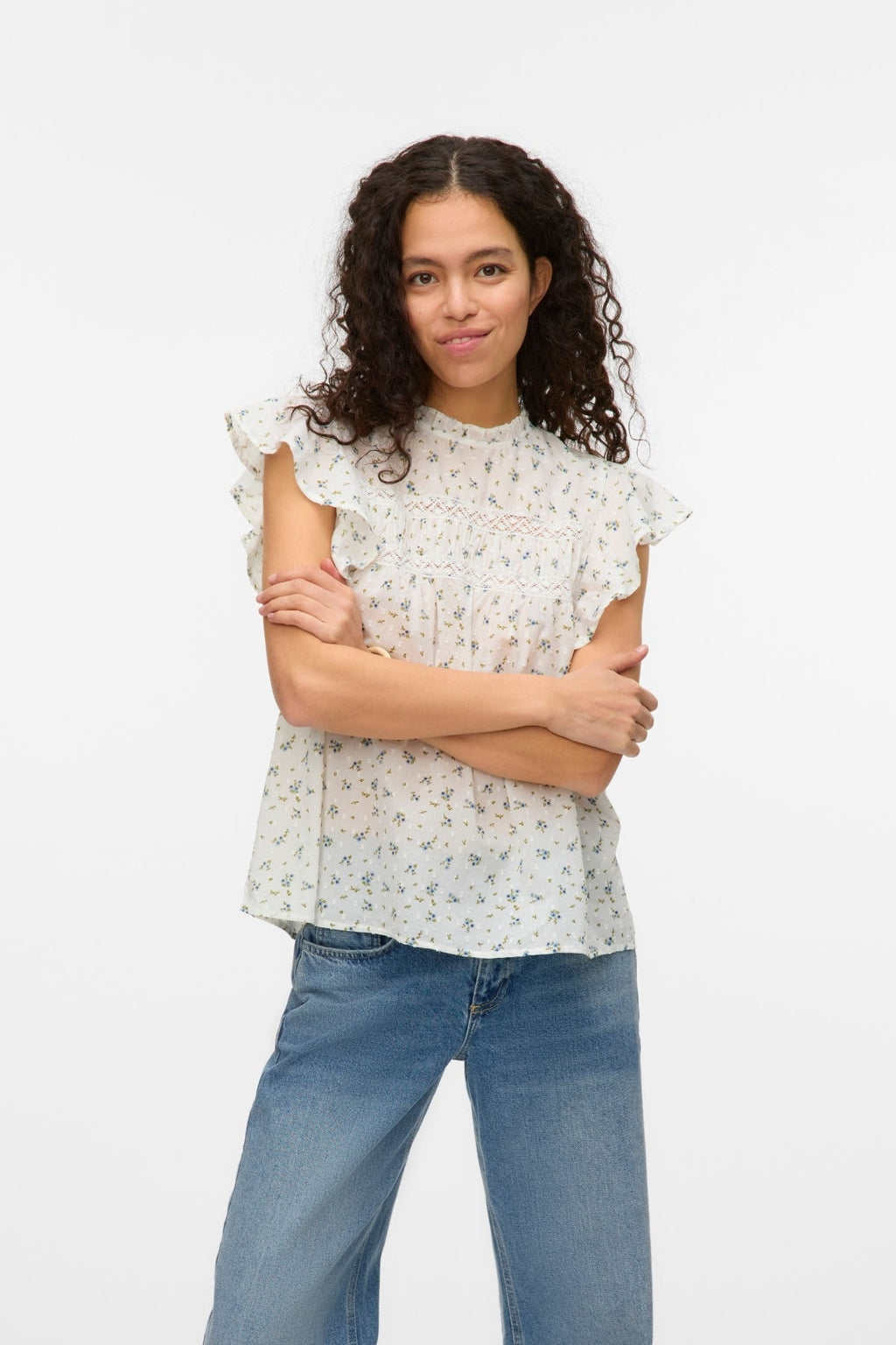 Trine Lace Top - Snow White AOP:Maguerite Blue Jasper