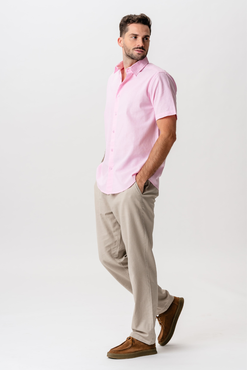 Λινό κοντομάνικο πουκάμισο - Ανοιχτό κόκκινο