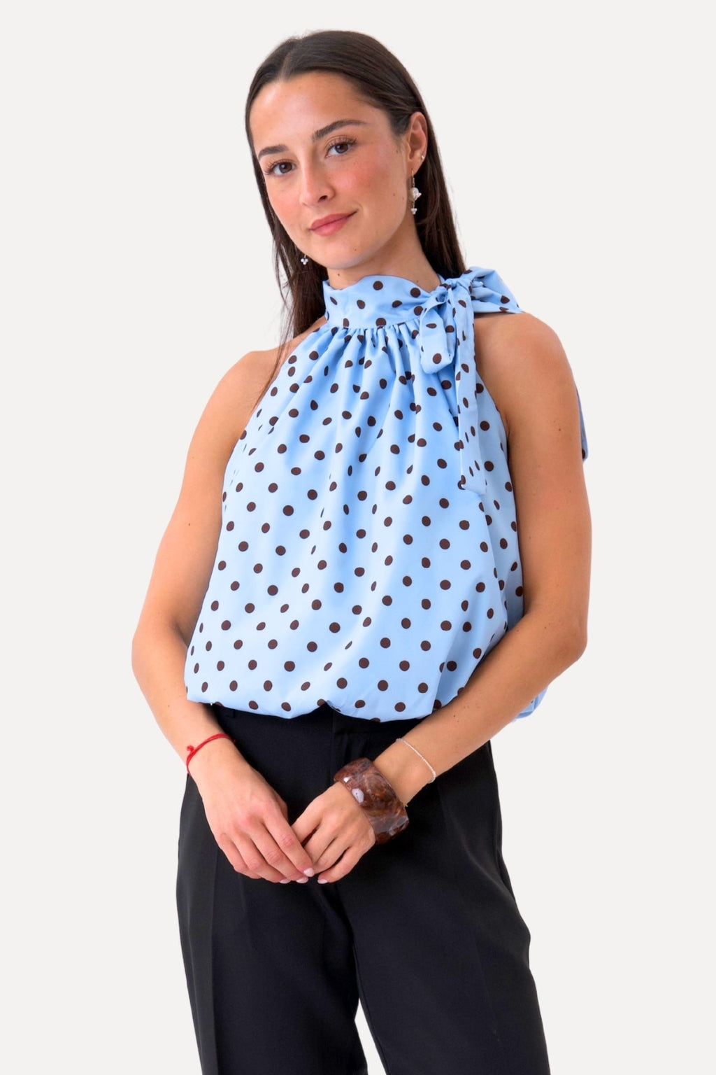 Wilma Top - Light Blue/Brown Dots
