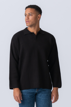 Knitted Long Sleeve Polo - Black