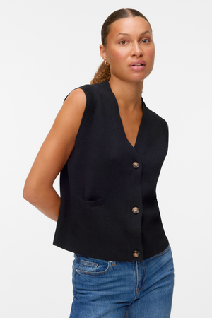 Saba V-Neck Button Vest - Black