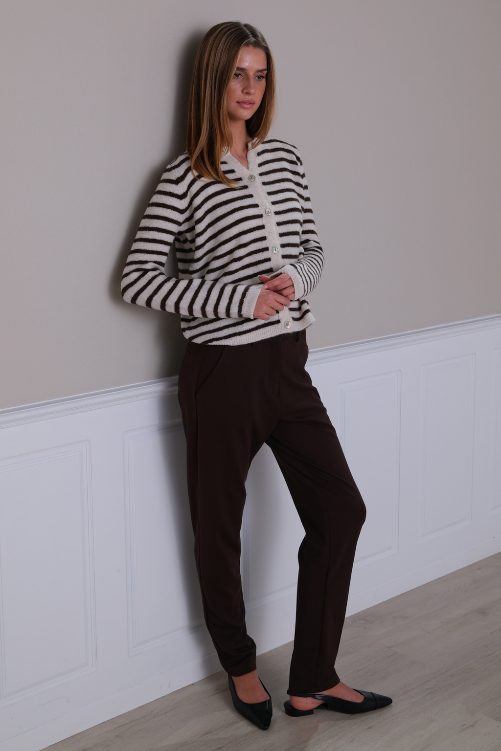Crizette Striped Knit Cardigan - Off White/Brown