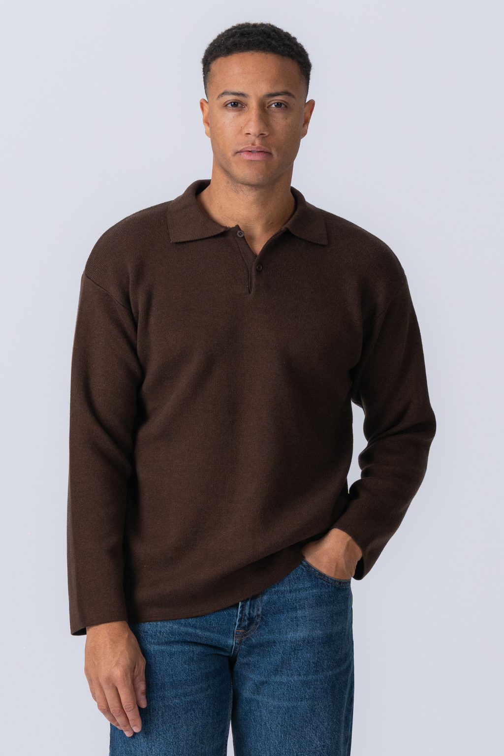 Πλεκτό μακρύ μανίκι πόλο - ανοιχτό καφέ