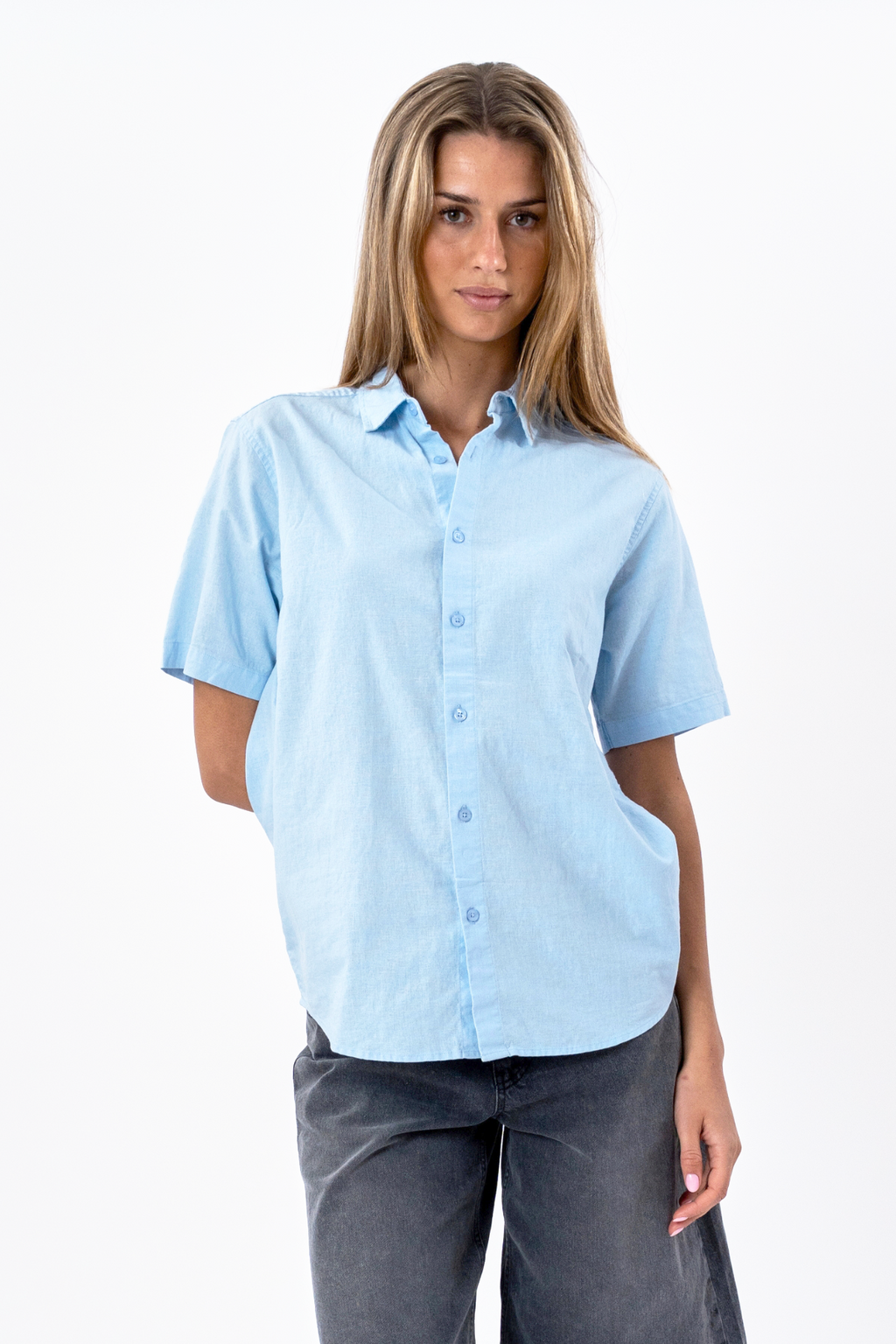 Short Sleeve Linen Shirt - Light Blue