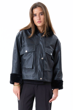 Faux Leather Shearling Jacket - Black