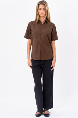 Short Sleeve Linen Shirt - Brown