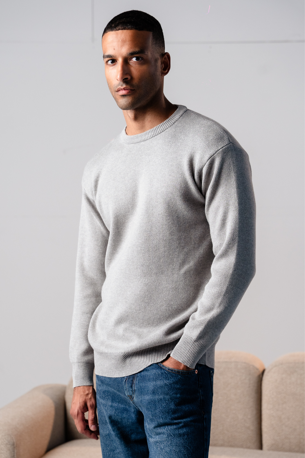Crewneck Knit Sweater - ανοιχτό γκρι