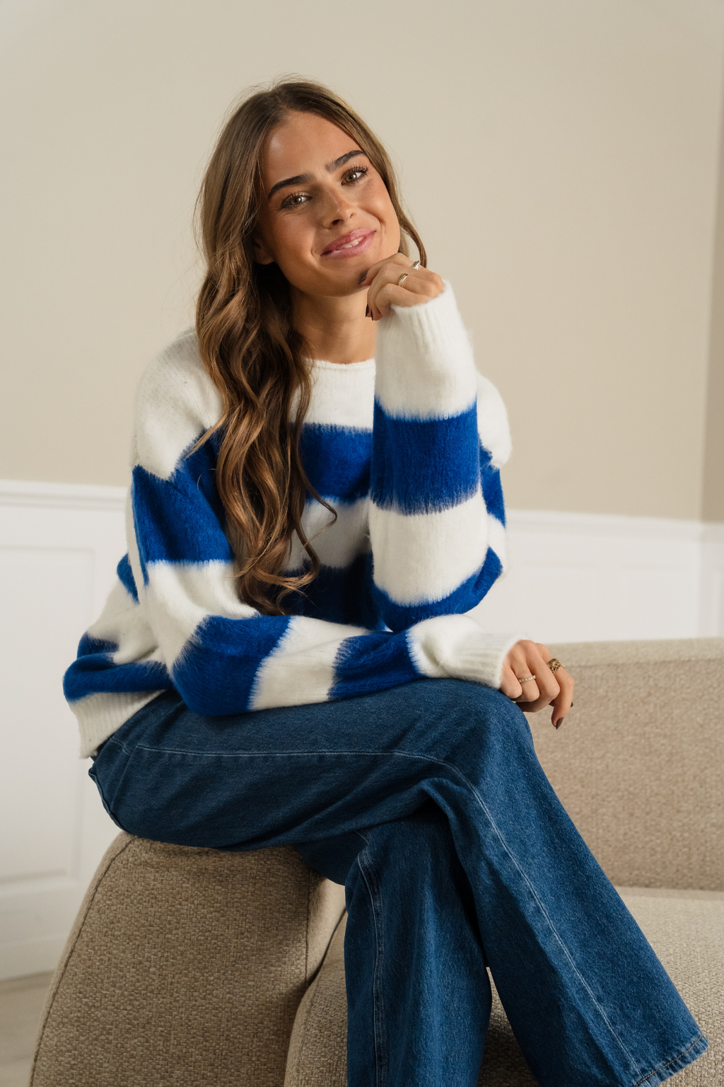 Celina Striped Knitted Sweater - White/Navy