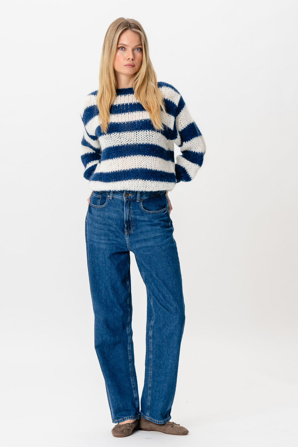 Celina Striped Knitted Sweater - White/Navy