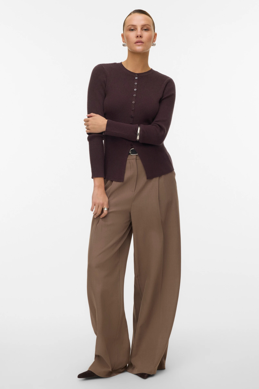 Ukino o -neck knit ζακέτα - δαμάσκηνο σοκολάτας