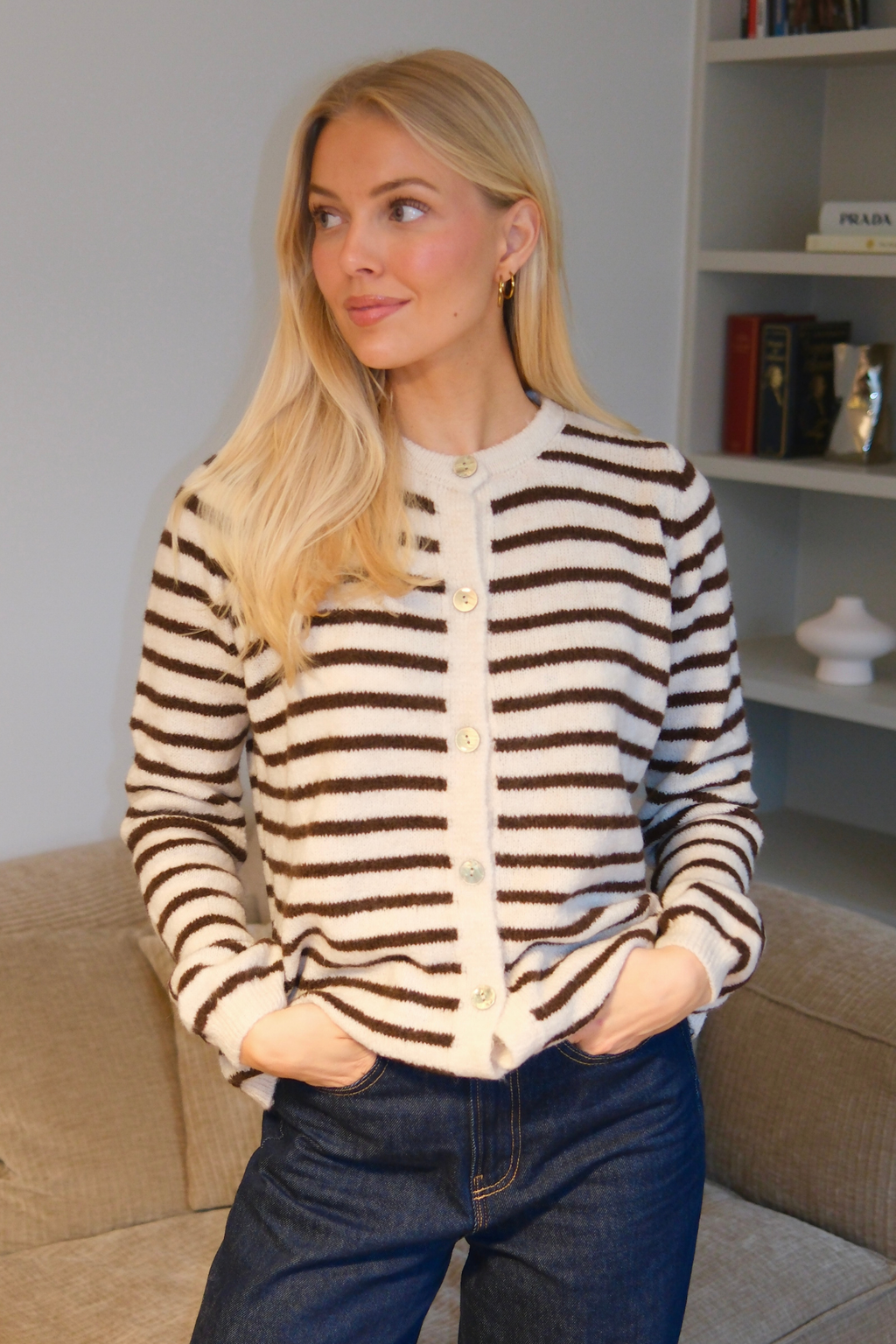 Crizette Striped Knit Cardigan - Off White/Brown