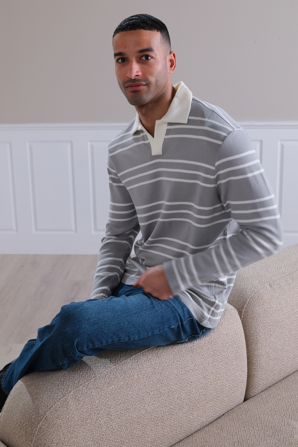 Striped Long-sleeved Polo - Grey