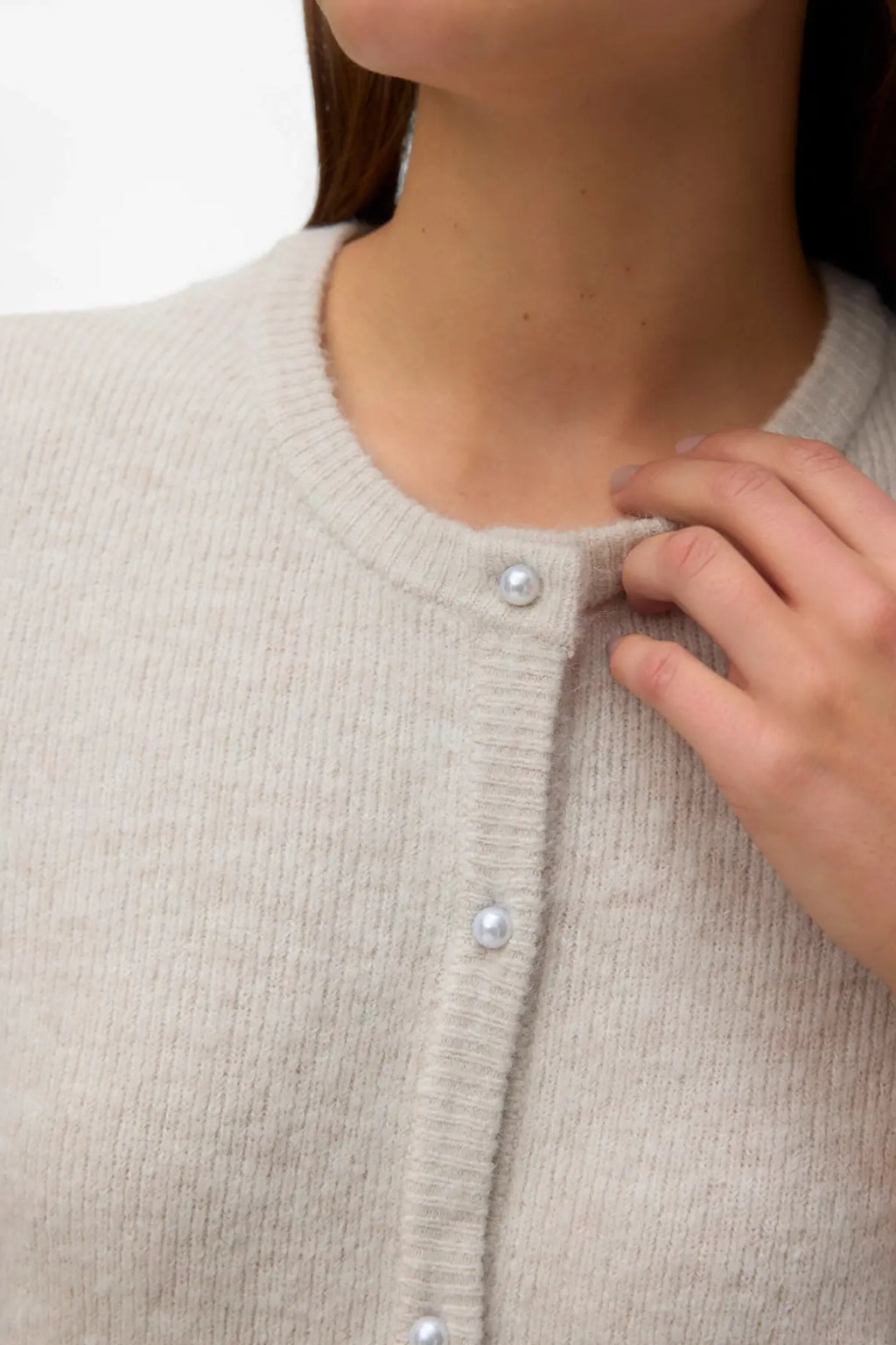 Lefile 2/4 O-Neck Pearl Cardigan - Pemice Stone Melange