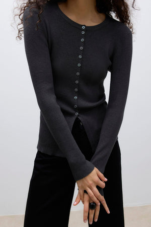 Ukino o -neck knit ζακέτα - σκούρο γκρι melange