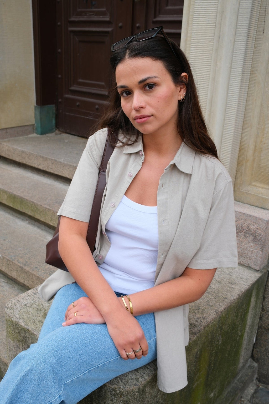 Κοντό μανίκι λινάρι - άμμο