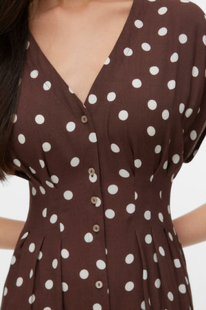 Elisa Pleat Shirt Dress - Chocolate Martini - Snow White Dot