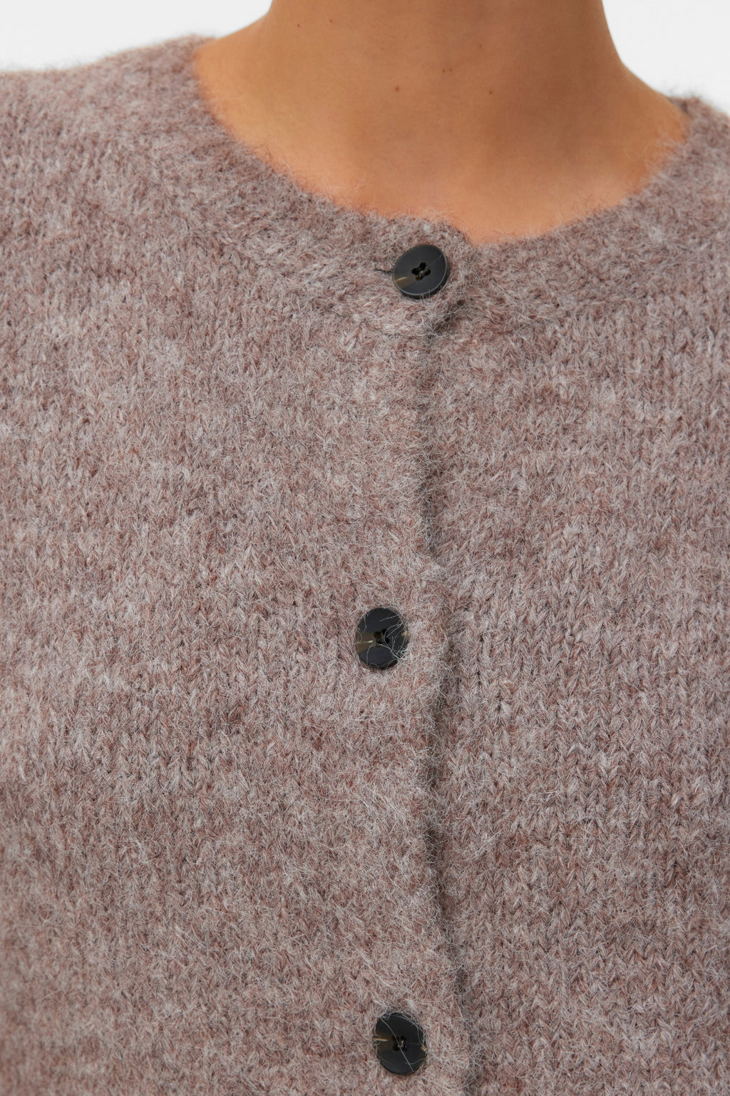 Novah O-Neck Button Cardi - Brown Lentil Melange