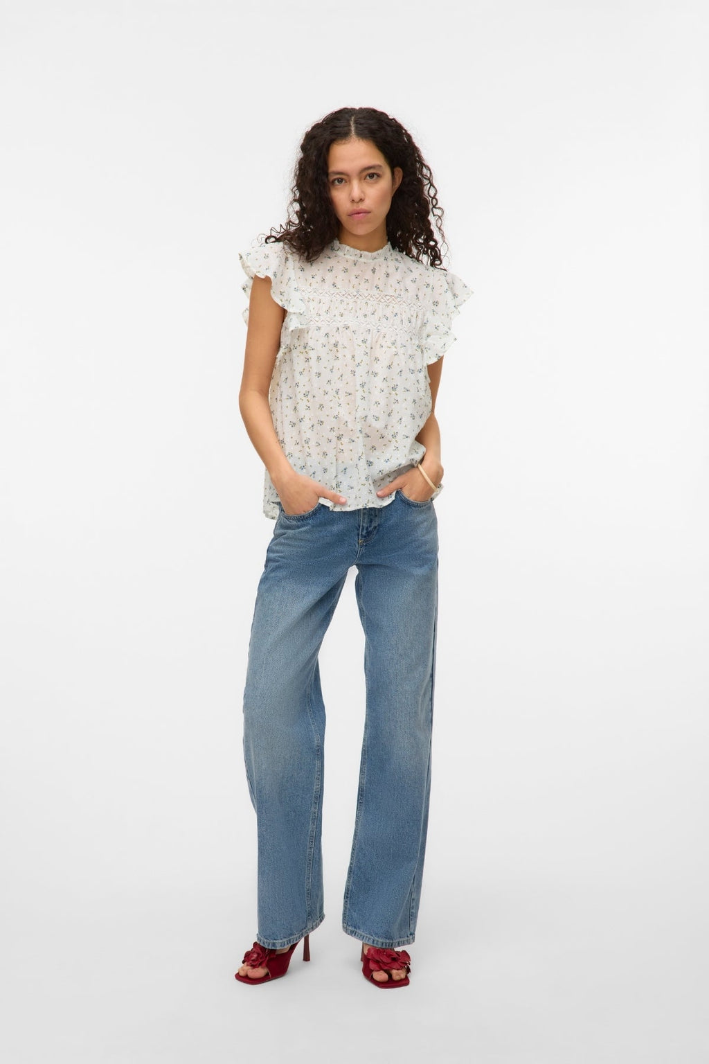 Trine Lace Top - Snow White AOP:Maguerite Blue Jasper