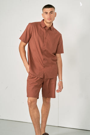 Σεντόνιο πουκάμισο με κοντό μανίκι + λινά Shorts - Terracotta (πακέτο)
