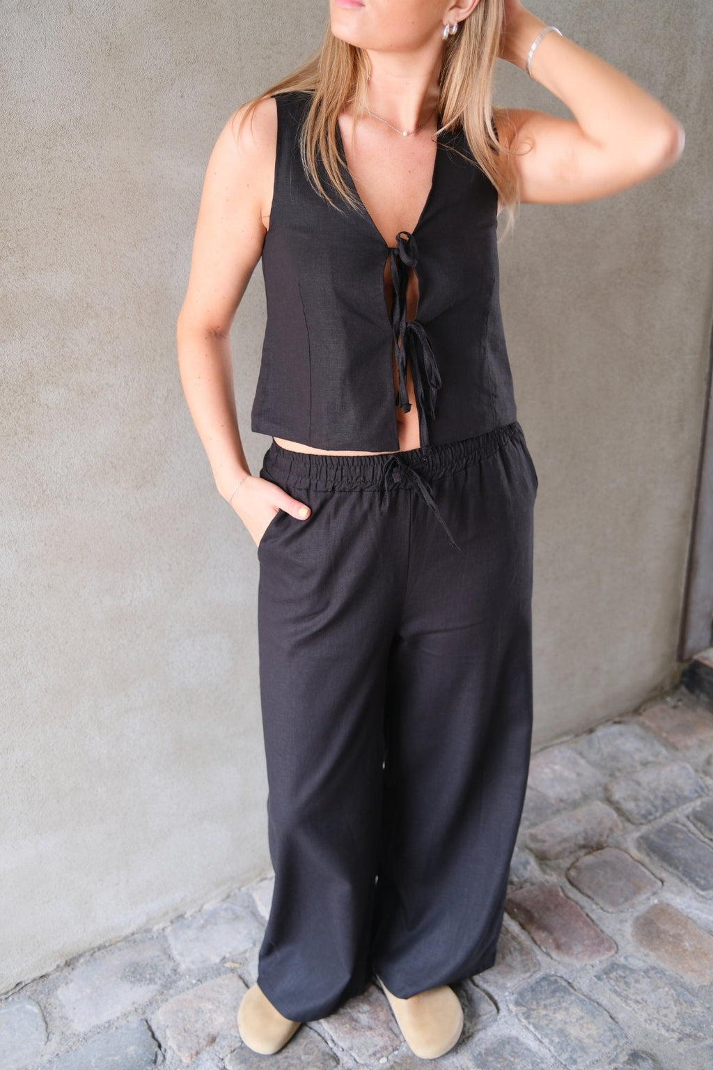 Λινό Pants - Μαύρος