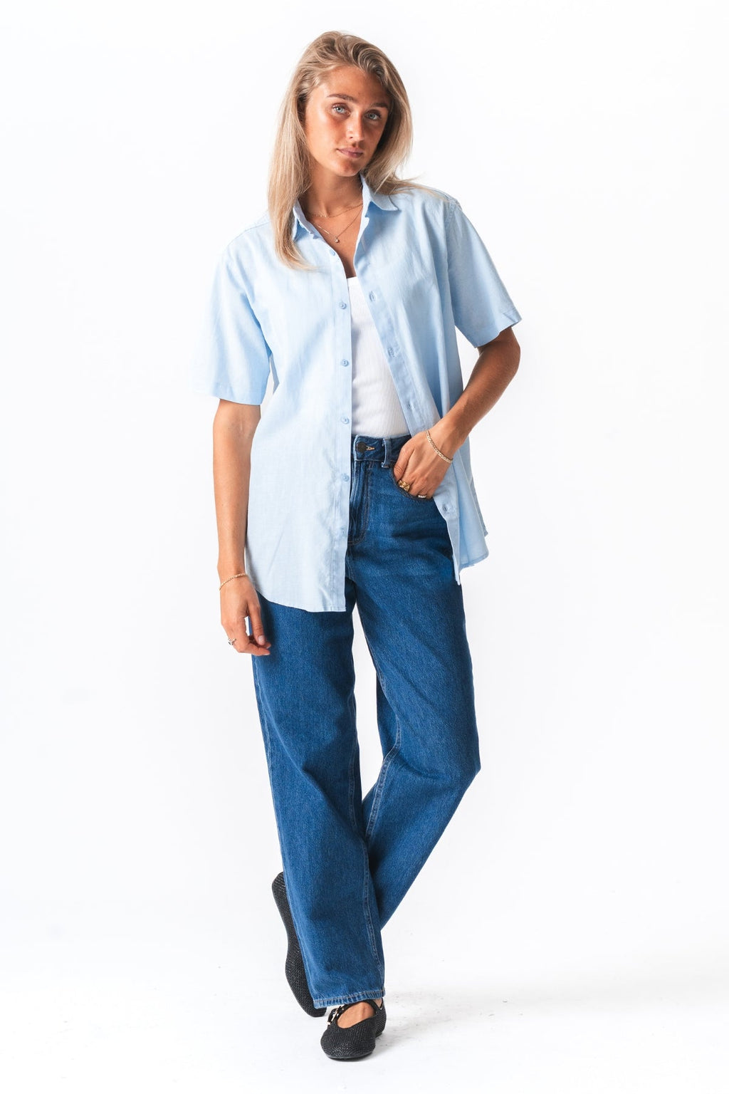 Κοντό μανίκι λινάρι - ανοιχτό μπλε