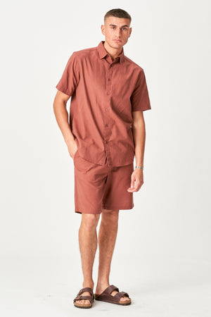 Σεντόνιο πουκάμισο με κοντό μανίκι + λινά Shorts - Terracotta (πακέτο)