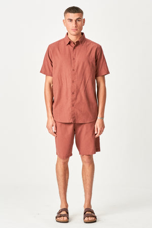 Σεντόνιο πουκάμισο με κοντό μανίκι + λινά Shorts - Terracotta (πακέτο)