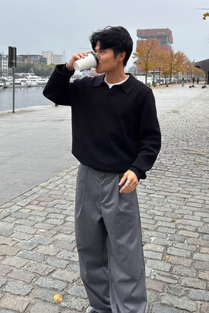 Knitted Long Sleeve Polo - Black