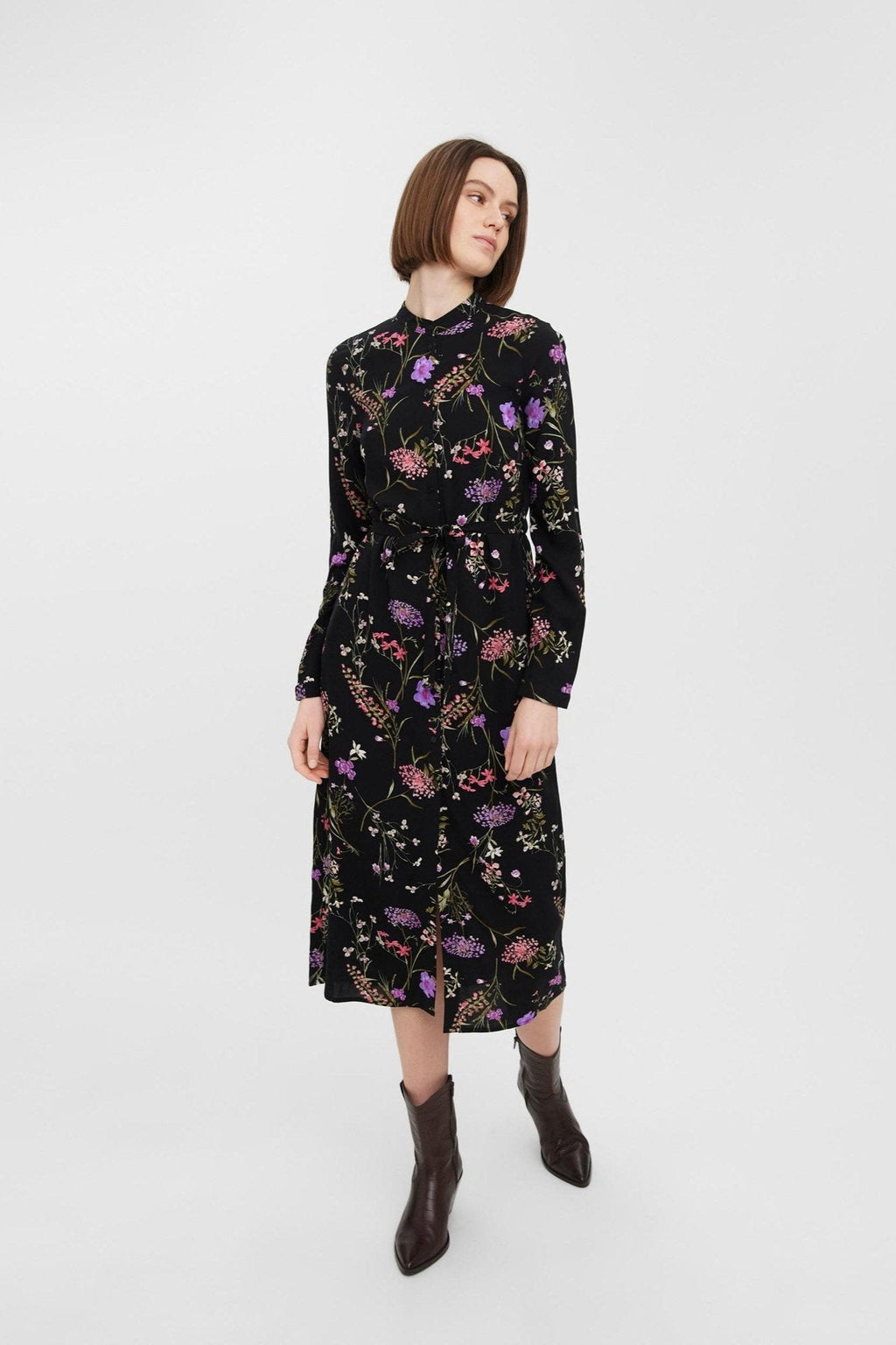 Εύκολο φόρεμα πουκάμισο με μακριά μανίκια - Μωβ