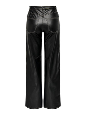 Juicy Wide Faux Leather Bukser - Sort - TeeShoppen Group™ - Pants - ONLY