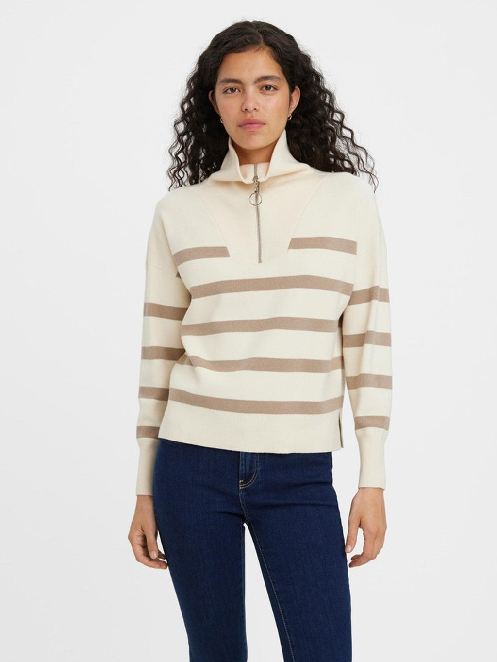 Saba Stripe Half -Zip Blouse - Birch Brown